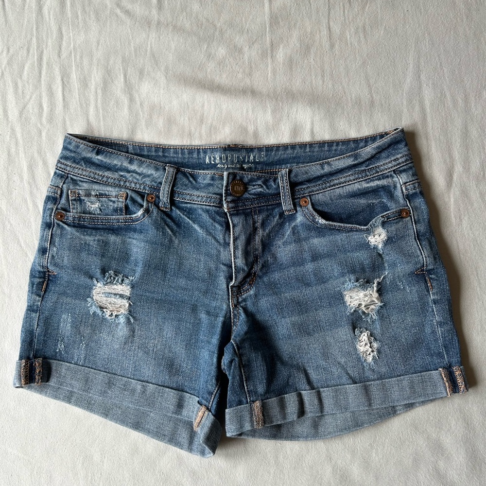 Aeropostale Blue Distressed Jean Shorts With Cuffs